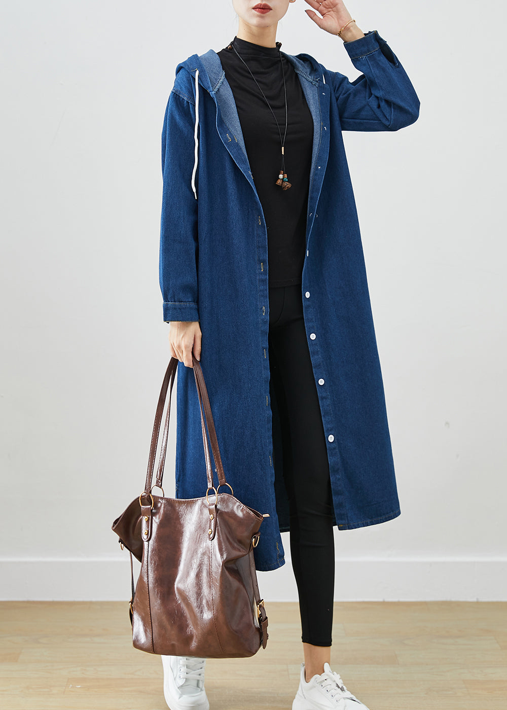 Classy Navy Hooded Drawstring Denim Coat Outwear Fall