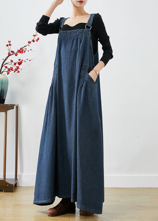 Classy Navy Oversized Exra Large Hem Denim Strap Dresses Fall