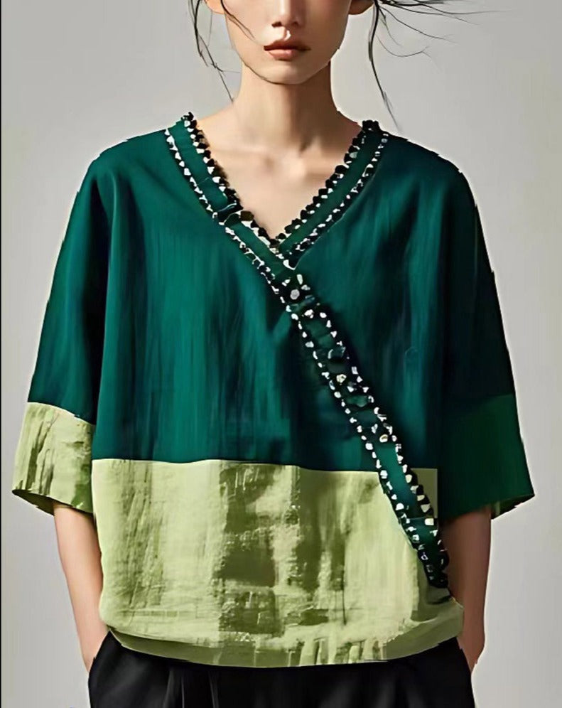 Classy Peacock Green V Neck Patchwork Linen Shirts Summer