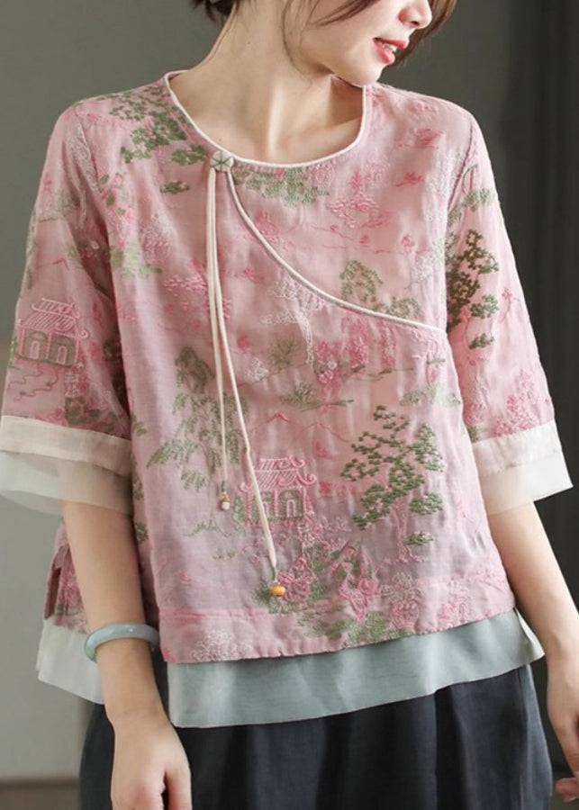 Classy Pink Embroidered Tulle Patchwork Tassel Top Short Sleeve