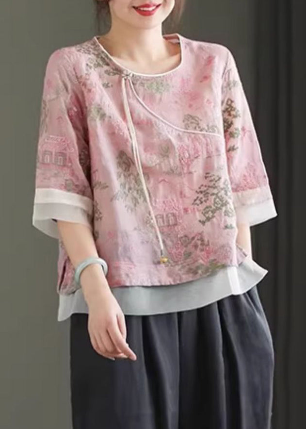 Classy Pink Embroidered Tulle Patchwork Tassel Top Short Sleeve