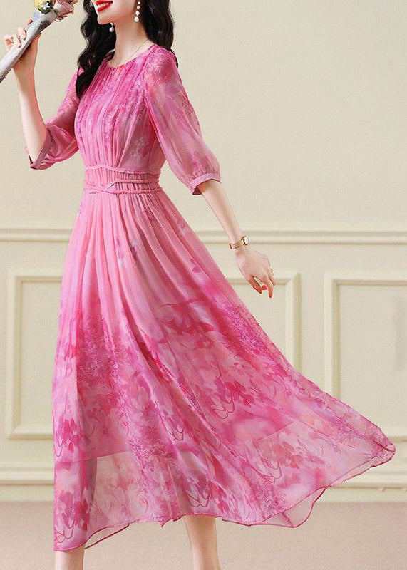 Classy Pink Print Wrinkled Tie Waist Chiffon Maxi Dresses Half Sleeve