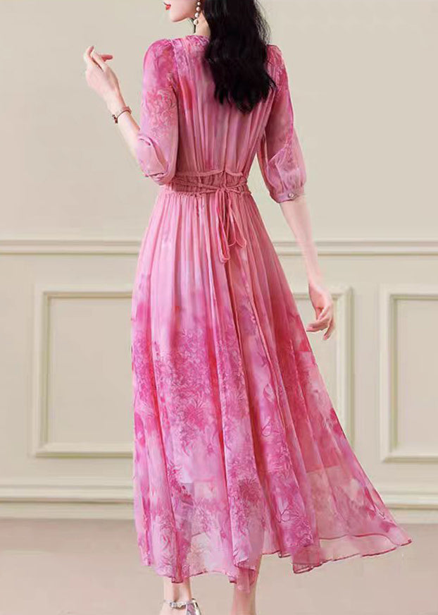 Classy Pink Print Wrinkled Tie Waist Chiffon Maxi Dresses Half Sleeve