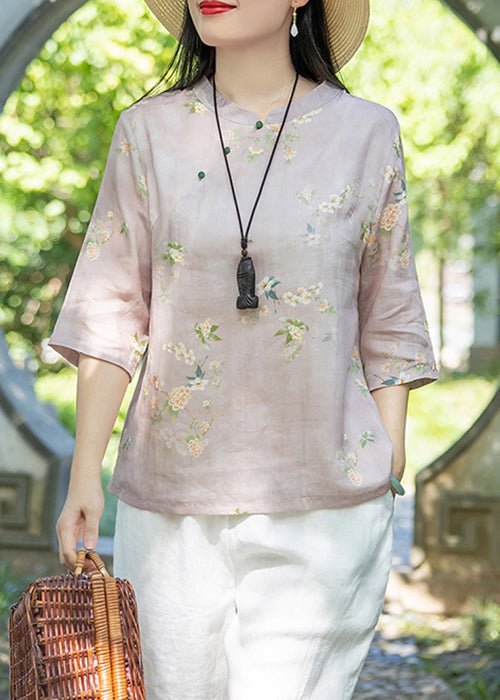 Classy Pink Stand Collar Print Cotton Shirts Bracelet Sleeve