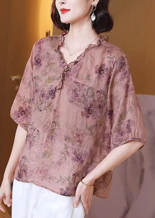 Classy Pink V Neck Ruffled Print Patchwork Linen Shirt Top Summer