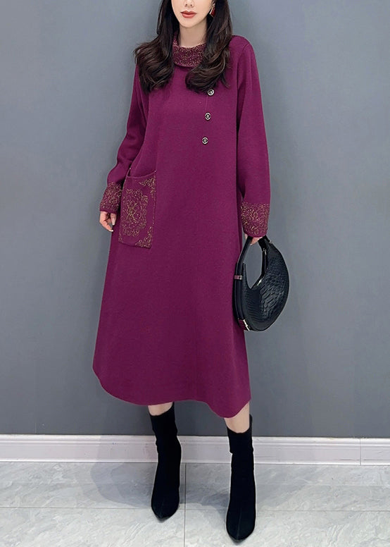 Classy Purple Hign Neck Pockets Patchwork Knit Long Dresses Fall