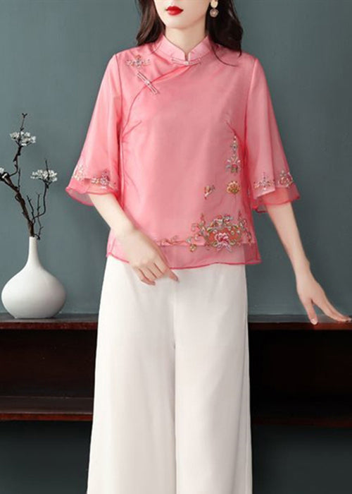 Classy Red Embroidered Chines Button Patchwork Chiffon Top Half Sleeve