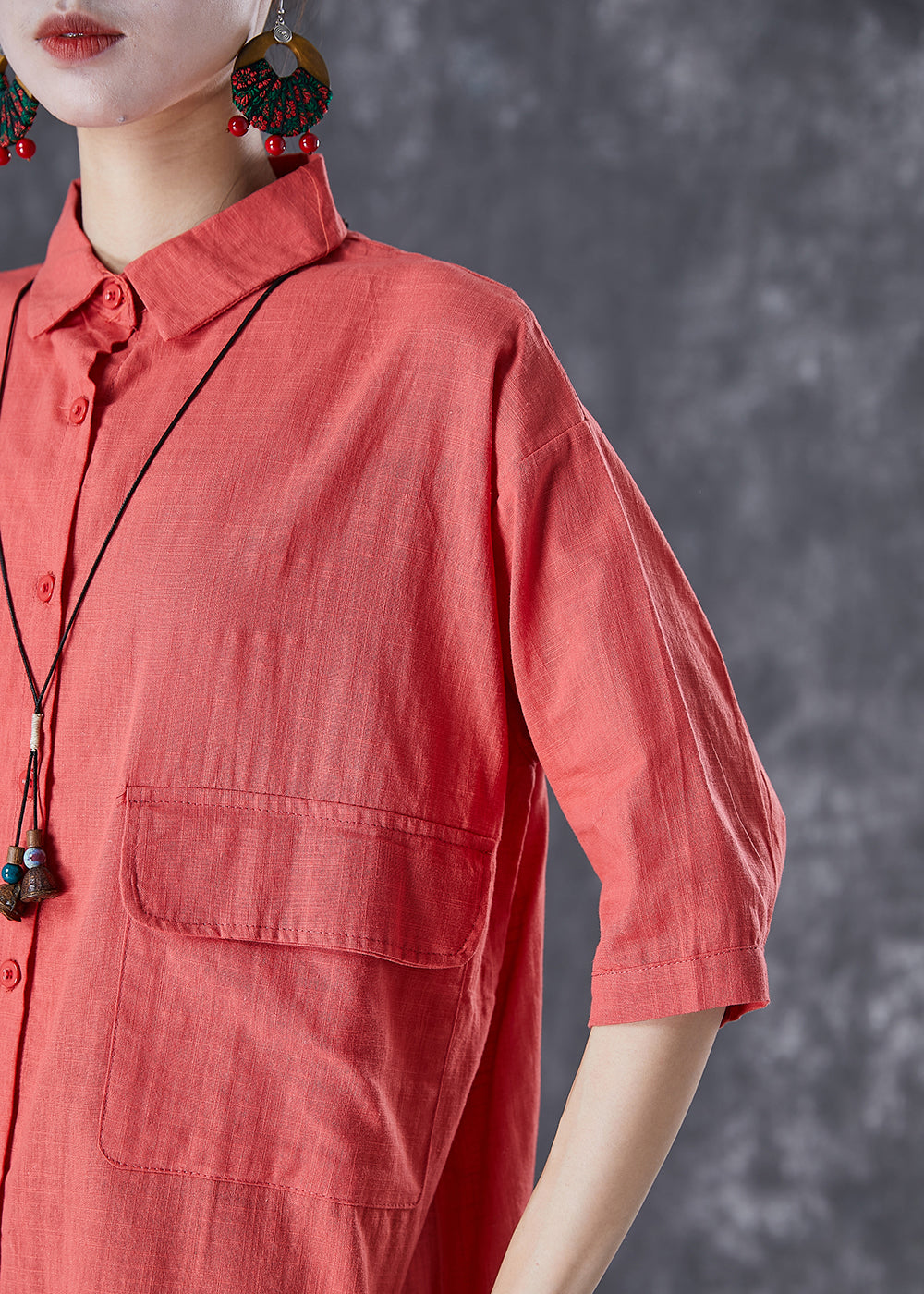 Classy Red Oversized Pockets Linen Shirt Half Sleeve