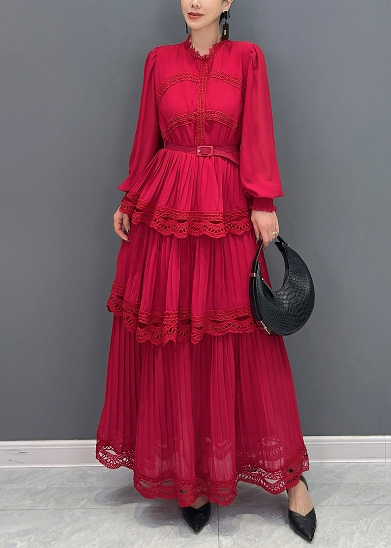 Classy Red Sashes Patchwork Chiffon Dress Long Sleeve