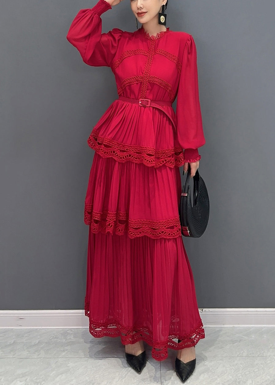 Classy Red Sashes Patchwork Chiffon Dress Long Sleeve