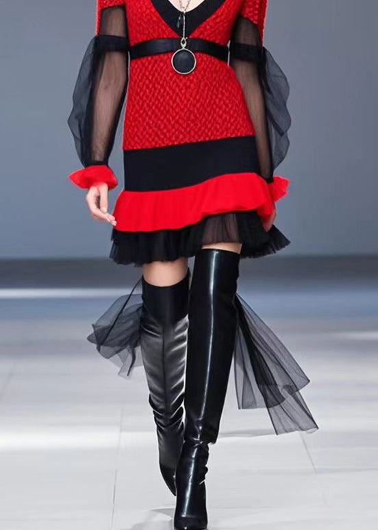 Classy Red V Neck Patchwork Tulle Knit Dress Fall