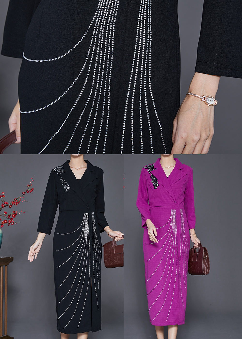 Classy Rose Notched Collar Zircon Cotton Maxi Dresses Fall