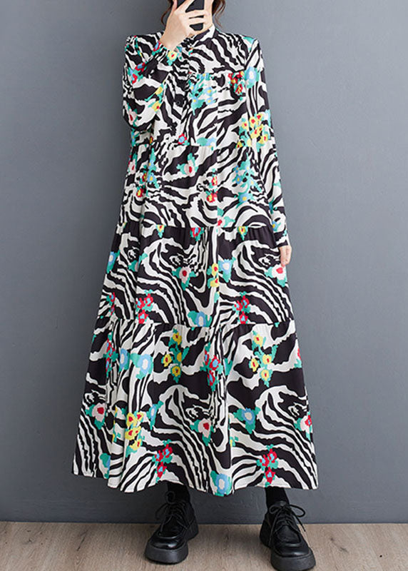 Classy Stand Collar Print Patchwork Wrinkled Maxi Dress Fall