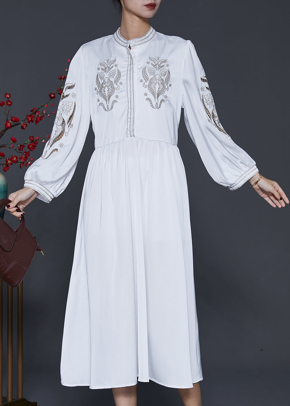 Classy White Embroidered Exra Large Hem Silk Long Dress Spring