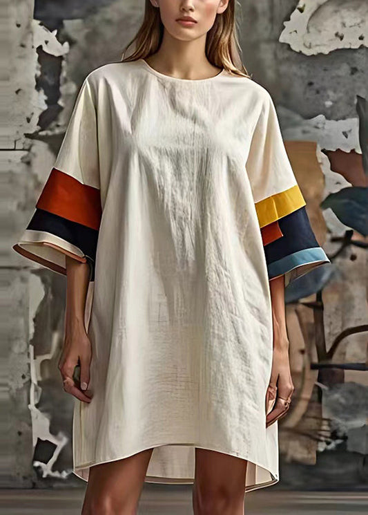 Classy White Oversized Patchwork Cotton Mid Dress Summer