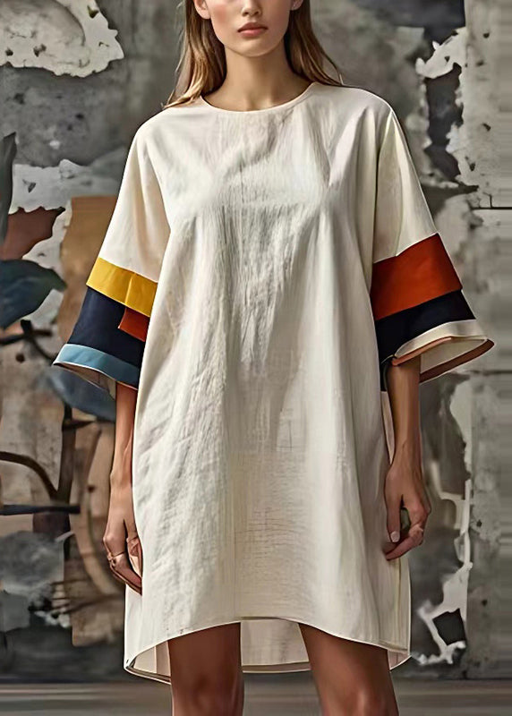 Classy White Oversized Patchwork Cotton Mid Dress Summer