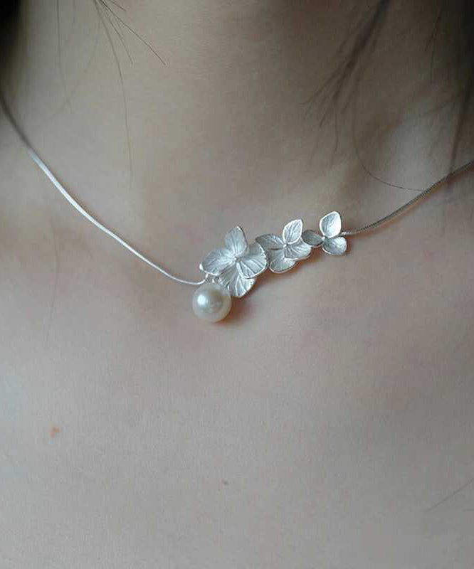 Classy White Sterling Silver Floral Pearl Necklace