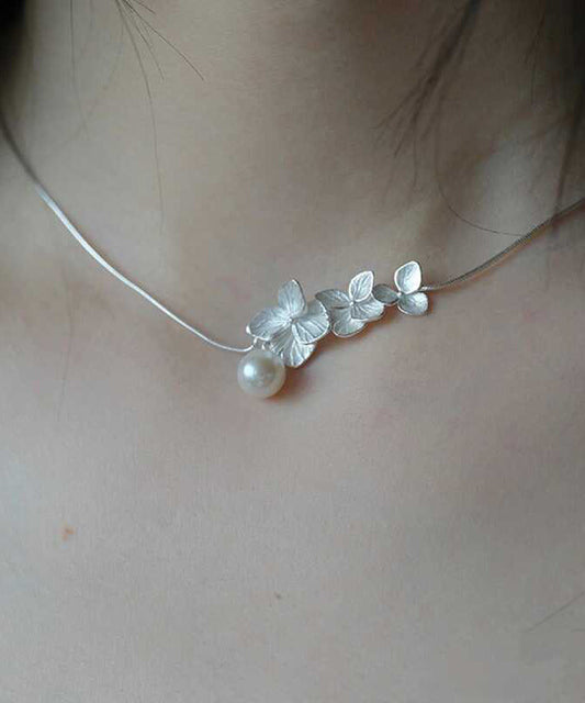 Classy White Sterling Silver Floral Pearl Necklace