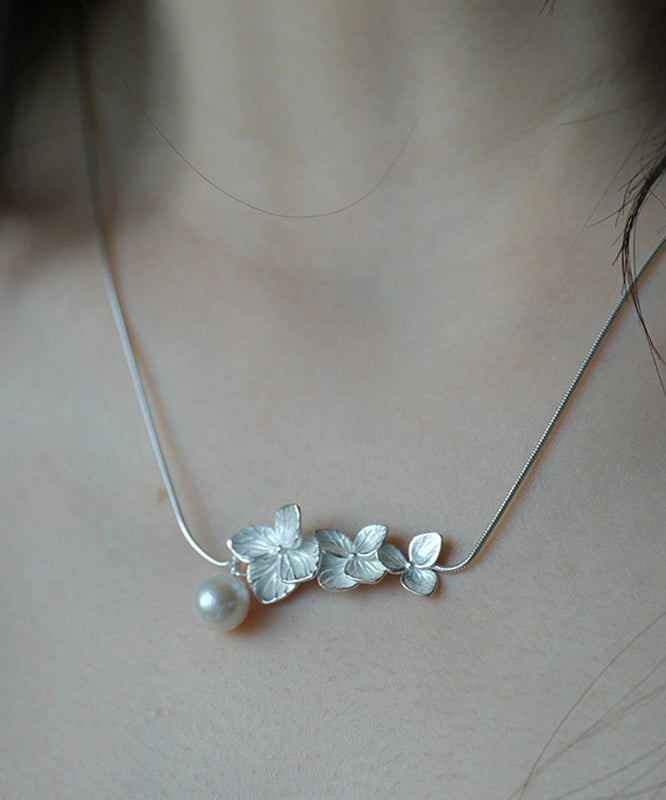 Classy White Sterling Silver Floral Pearl Necklace