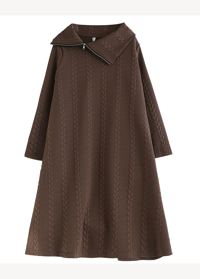 Coffee Fashion Cotton Long Dresses Asymmetrical Hign Neck Fall