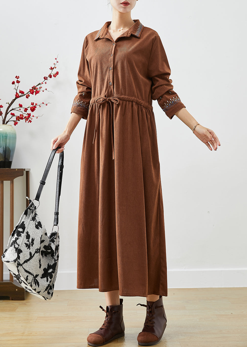 Coffee Loose Corduroy Long Dress Cinched Embroidered Fall