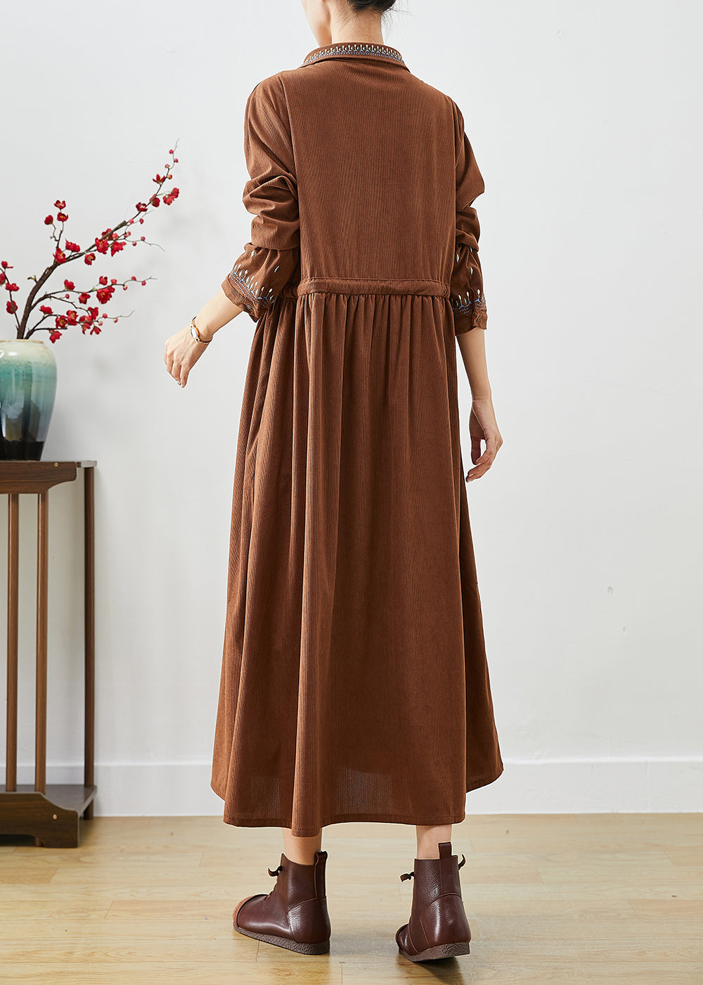 Coffee Loose Corduroy Long Dress Cinched Embroidered Fall