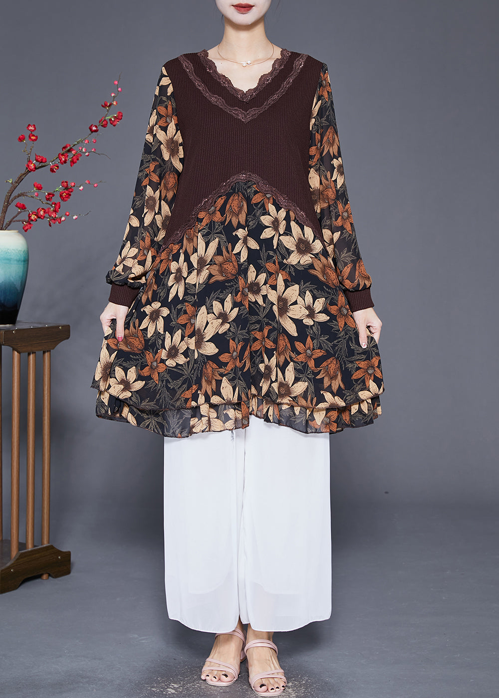 Coffee Patchwork Chiffon Knit Holiday Dress V Neck Print Fall