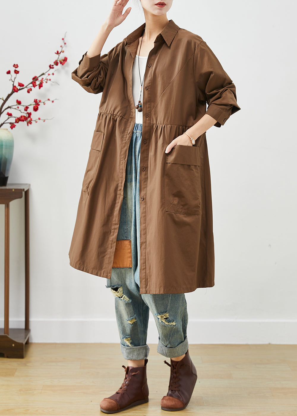 Coffee Patchwork Cotton Shirt Dress Oversized Pockets Spring