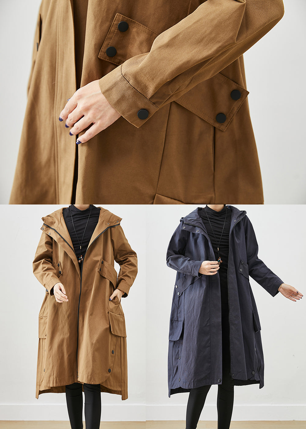 Coffee Patchwork Cotton Trench Oversized Pockets Fall