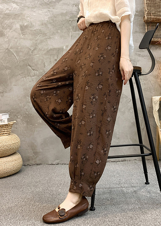 Coffee Pockets Loose Cotton Crop Summer Pants High Waist