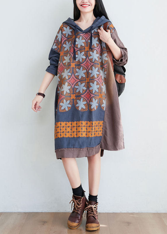 Coffee Print Patchwork Cotton Dress Hooded Spring