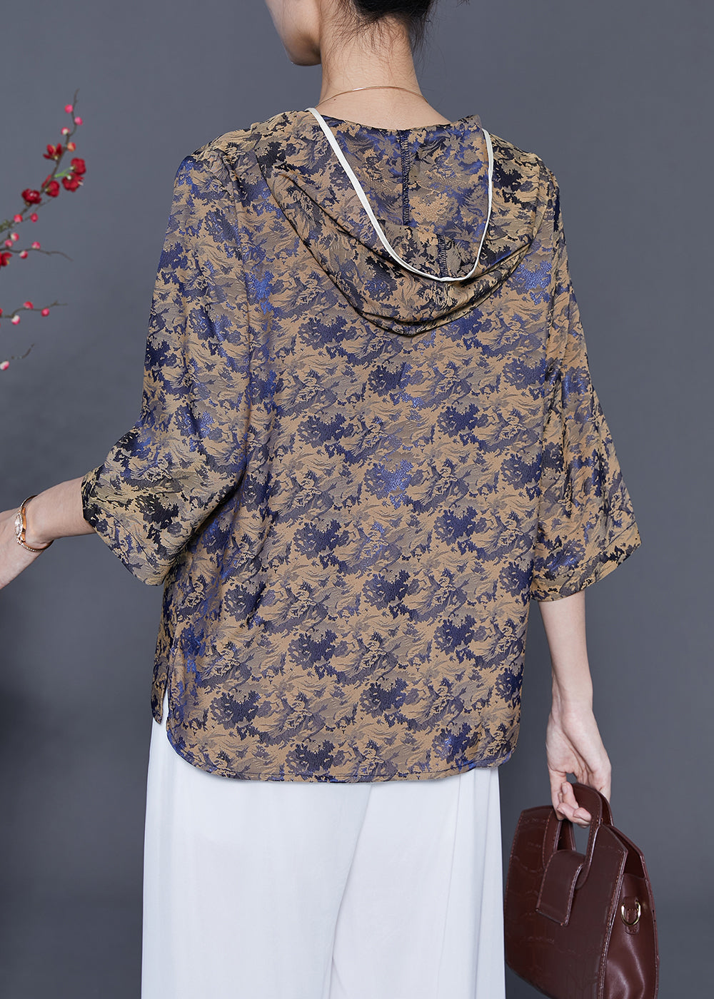 Coffee Print Silk Shirt Top Hooded Oversized Bracelet Sleeve