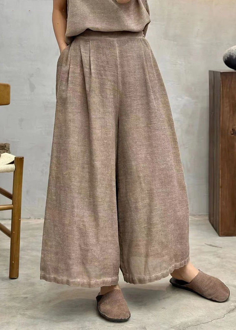 Coffee Solid Linen Summer Wide Leg Pants High Waist