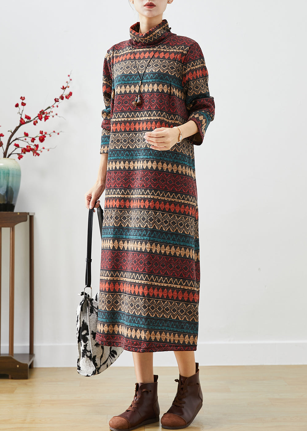 Coffee Striped Warm Fleece Long Dress Turtle Neck Winter