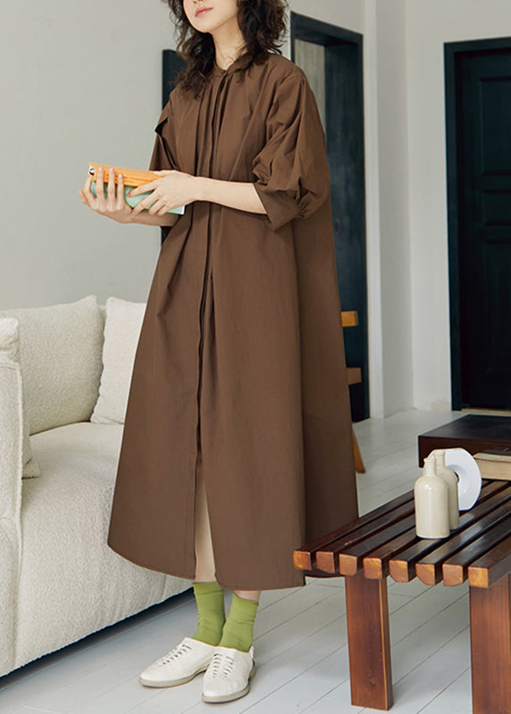 Coffee Wrinkled Cotton Long Dress Lantern Sleeve