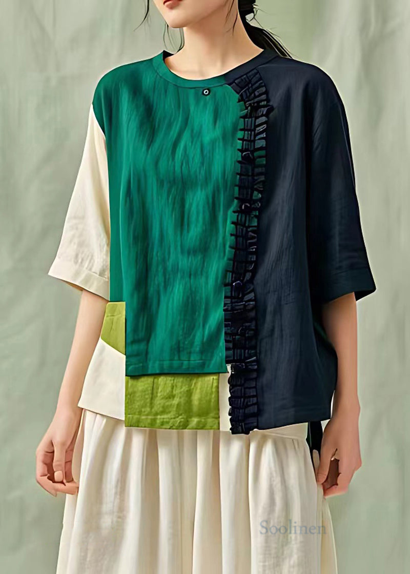 Colorblock Linen Shirt Top Asymmetrical Design Summer