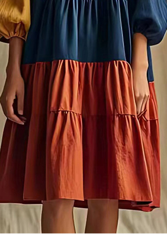 Colorblock Patchwork Cotton Long Dress Wrinkled Lantern Sleeve