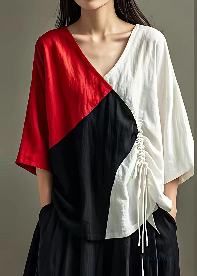 Colorblock Patchwork Linen Tops V Neck Drawstring Summer