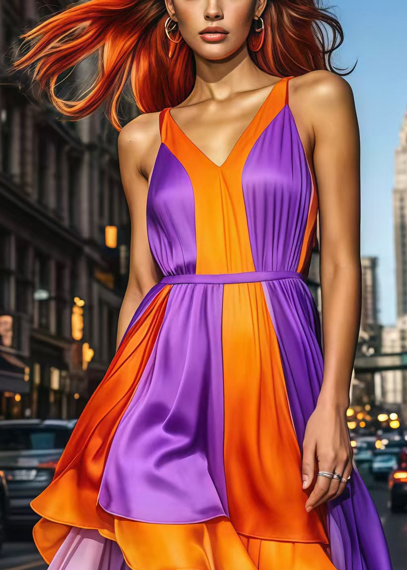 Colorblock Patchwork Silk Cami Dress Asymmetrical Summer