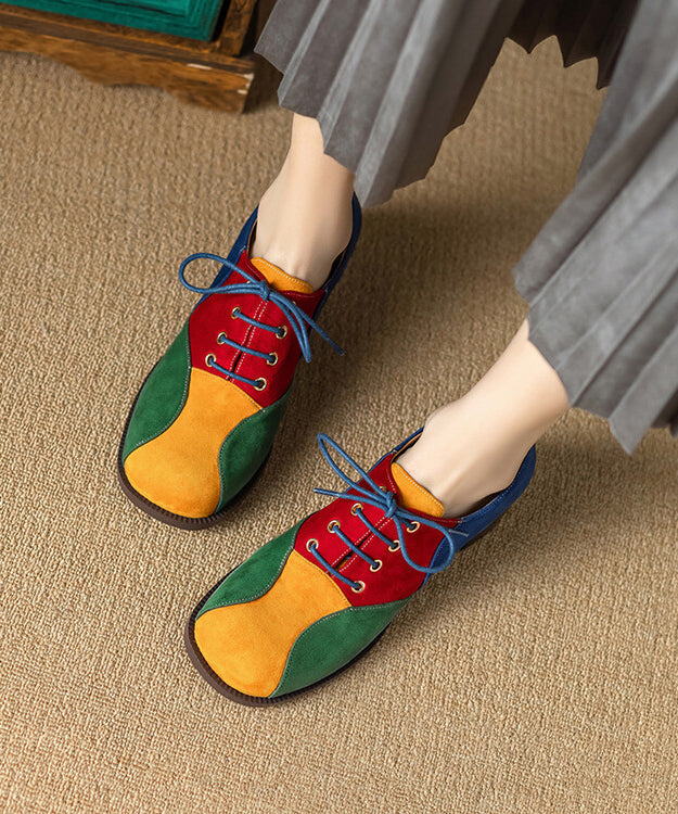 Comfy Splicing Lace Up Chunky Heels Loafers Yellow Suede