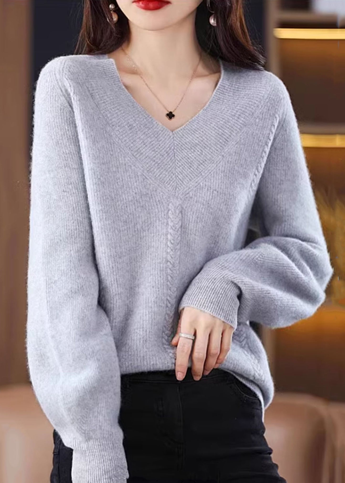 Cozy Green V Neck Solid Knit Knit Sweaters Fall