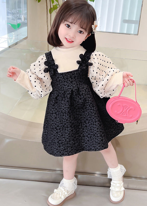 Cute Black Dot Patchwork False Two Pieces Cotton Girls Dresses Lantern Sleeve