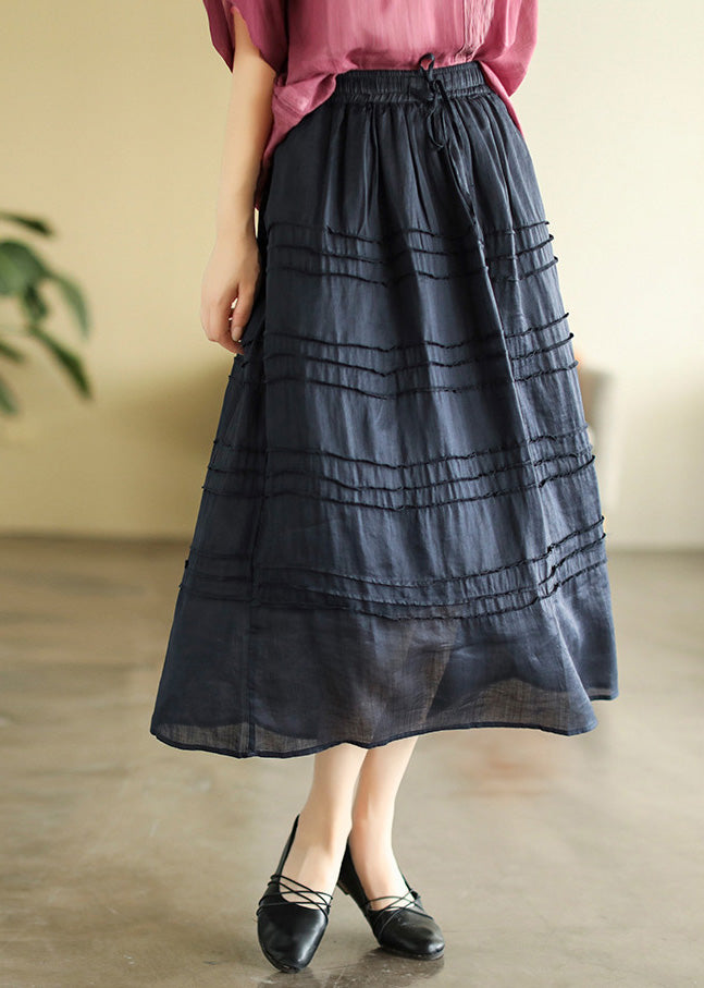 Cute Dark Blue Patchwork Elastic Waist Ramie A Line Skirts