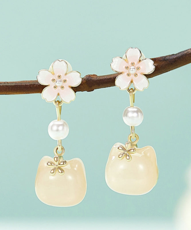 Cute Gold Sterling Silver Alloy Sakura Little Cat Drop Earrings