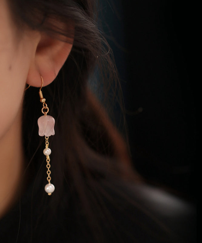 Cute Pink Copper Overgild Crystal Pearl Lily Of The Valley Tassel Drop Earrings