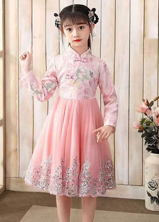 Cute Pink Embroidered Patchwork Tulle Girls Long Dress Fall