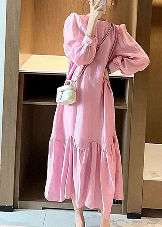 Cute Pink O-Neck Patchwork Wrinkled Long Dress Spring