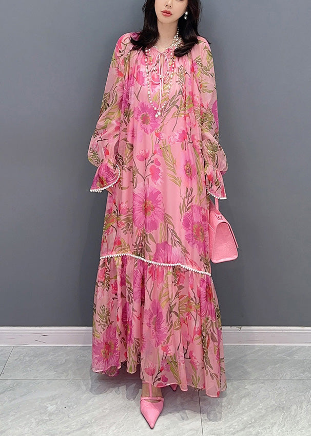 Cute Pink O-Neck Print Nail Bead Chiffon Maxi Dresses Long Sleeve