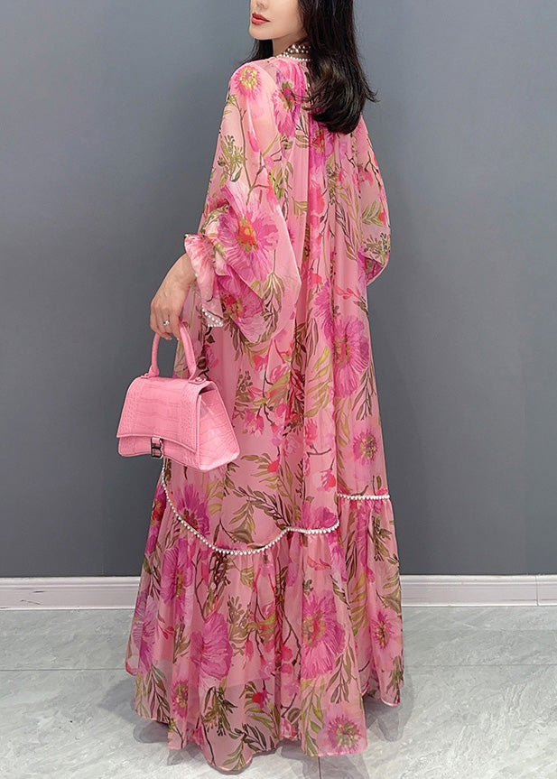 Cute Pink O-Neck Print Nail Bead Chiffon Maxi Dresses Long Sleeve