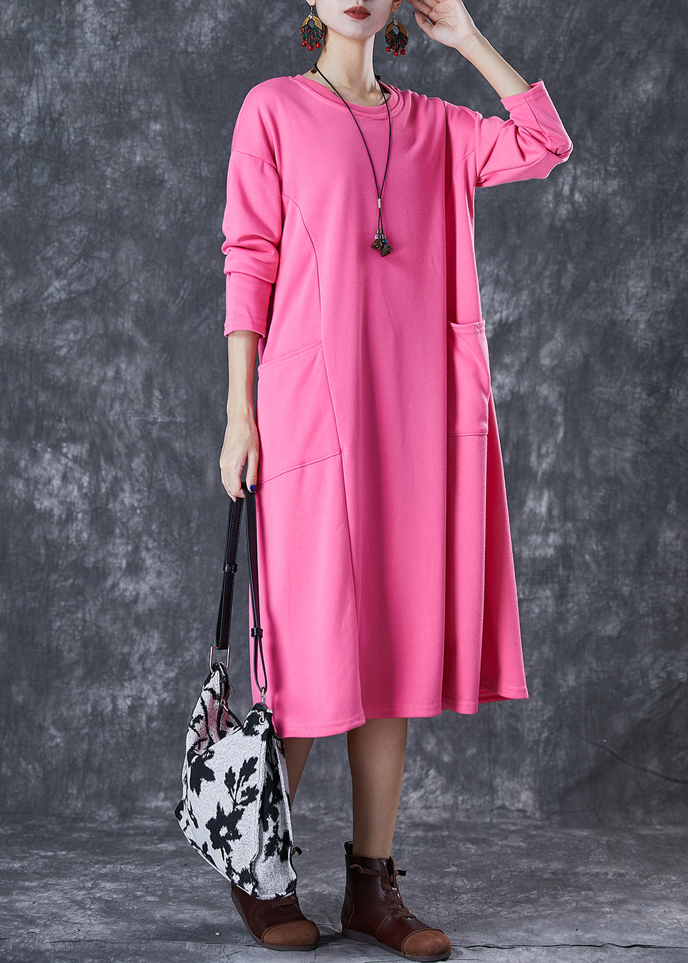 Cute Pink Oversized Pockets Cotton Long Dress Fall